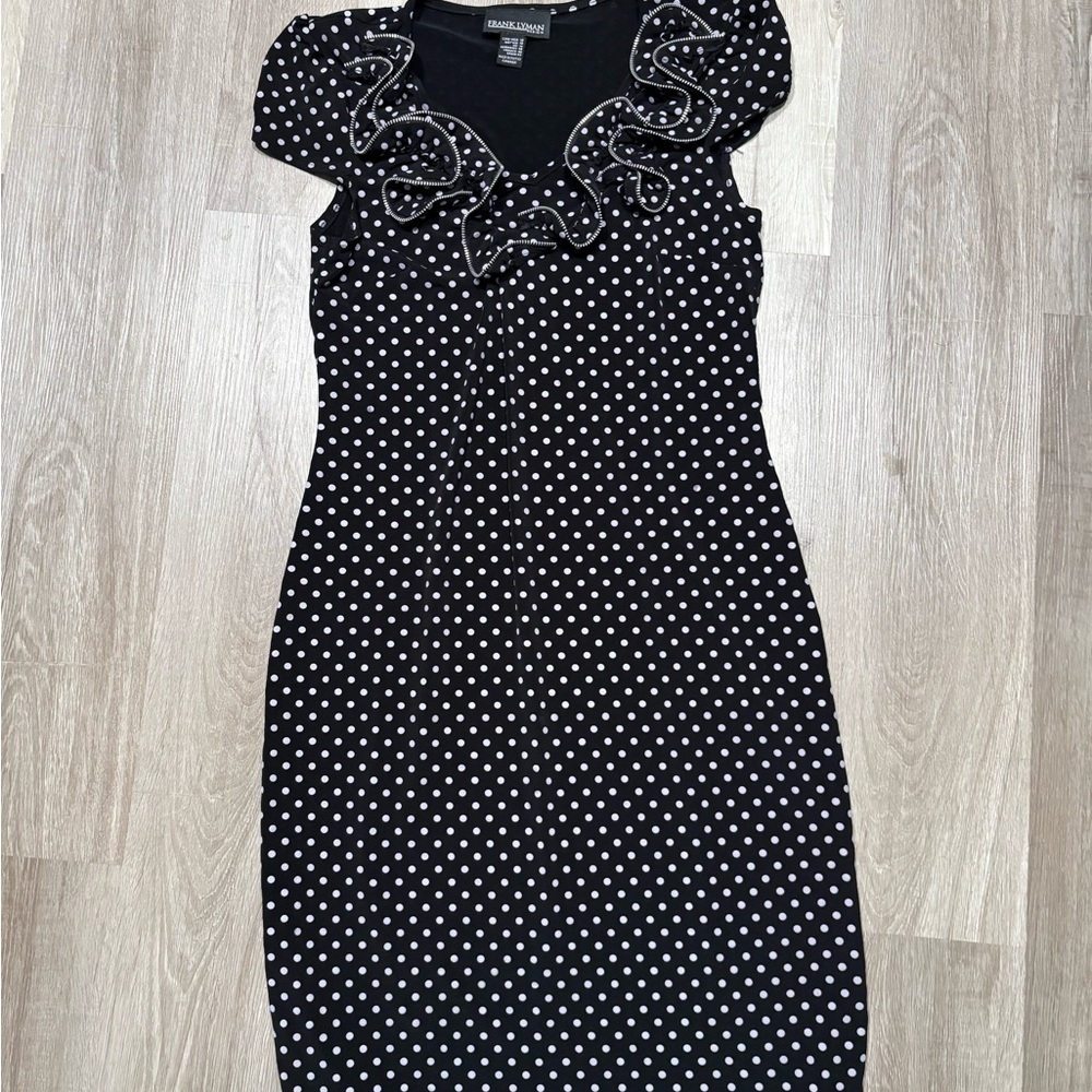 Frank Lyman Design Black and White Polka Dot Midi Dress. Womens size 10